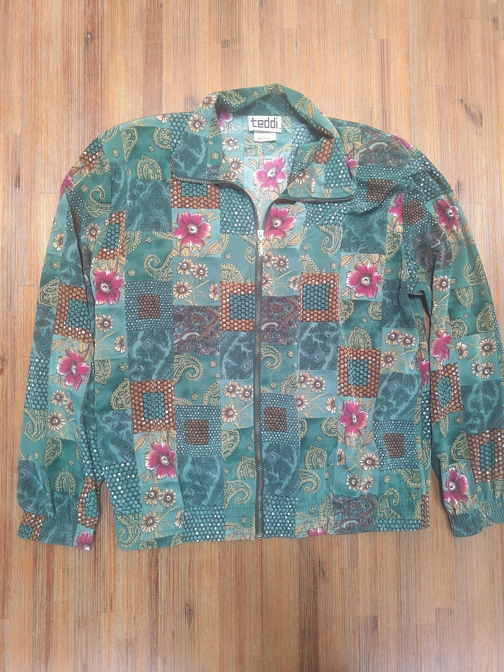 Teddi Jacket Vintage Women's Size M Green Floral Shoulder Pads Full Zip